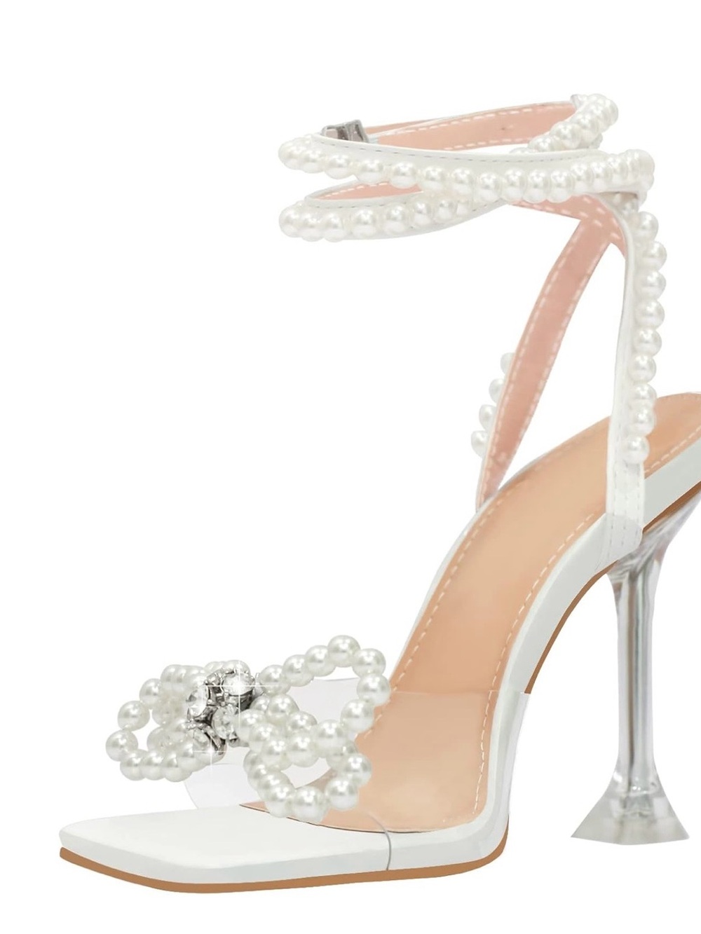 Pearl-Accent White High Heel Sandals with Ankle Wrap